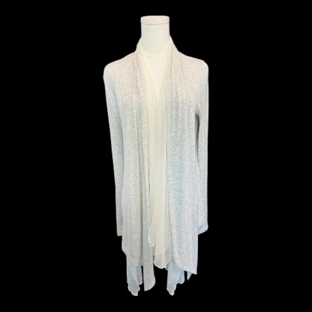 👚 EUC CABI Dream Waterfall Gray Oatmeal Cardigan w/ Chiffon Trim | Sz S